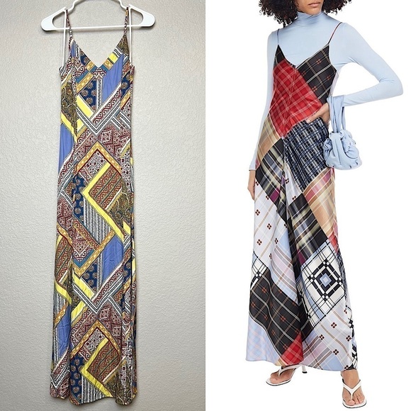 NWT L’AGENCE Floral Stripe Scarf Patchwork Sleeveless V-Neck‎ Maxi Slip Dress 2